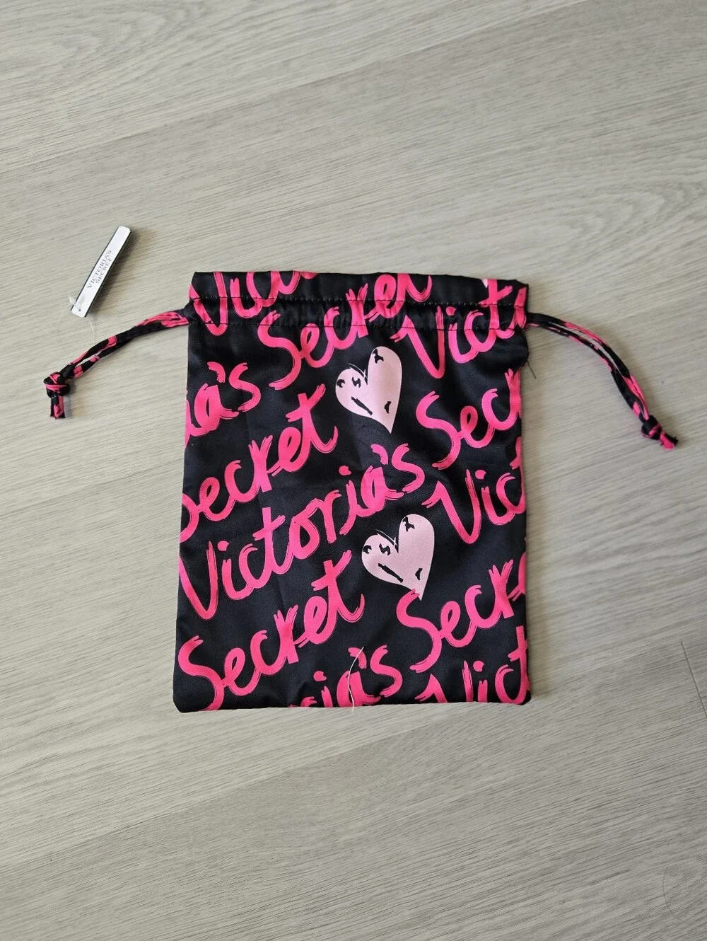 Victoria's Secret Black Drawstring Pouch with Pink Script